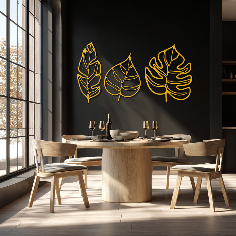 Modern geometric leaf trio metal wall art by Enova Art, featuring contemporary botanical design for wall decor.