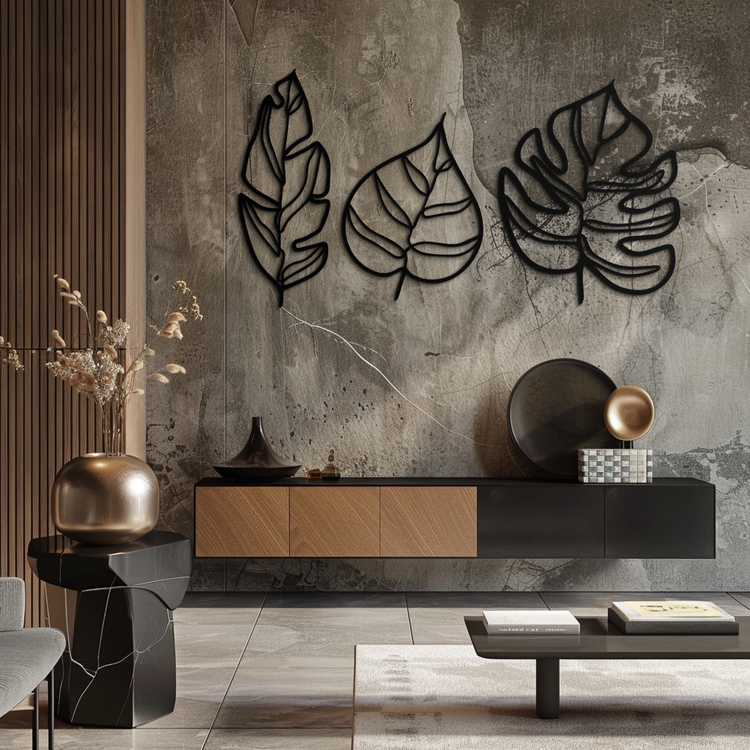 Modern metal wall art featuring geometric leaf designs by Enova Art, perfect for contemporary botanical decor.
