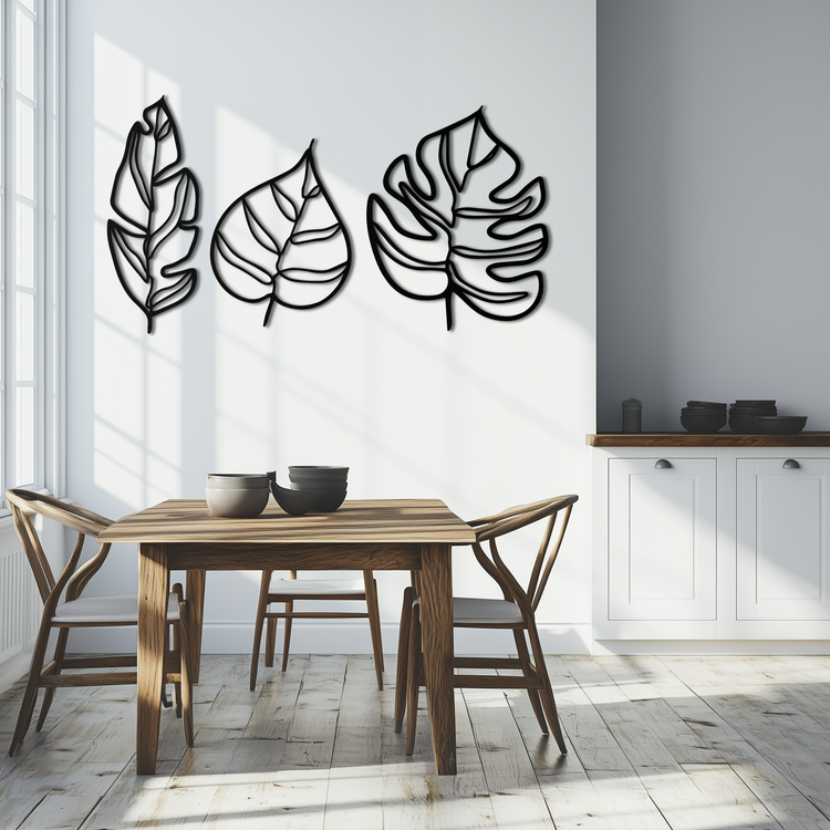 Modern geometric leaf trio metal wall art by Enova Art, featuring sleek botanical design for contemporary wall decor.