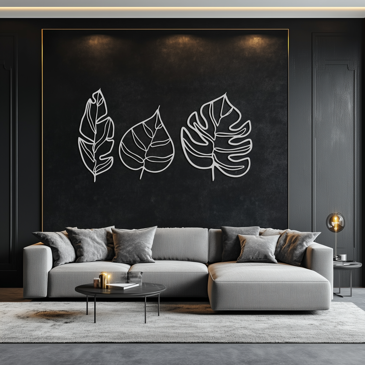 Modern metal wall art featuring geometric leaf designs by Enova Art, botanical decor for contemporary interior walls.