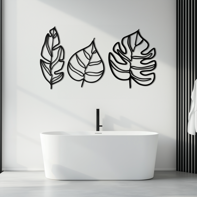 Modern metal wall art featuring a geometric leaf trio design by Enova Art, perfect for contemporary botanical decor.
