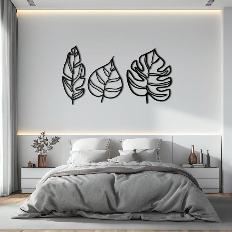 Modern metal wall art featuring a geometric leaf trio design by Enova Art, perfect for botanical-inspired home decor.