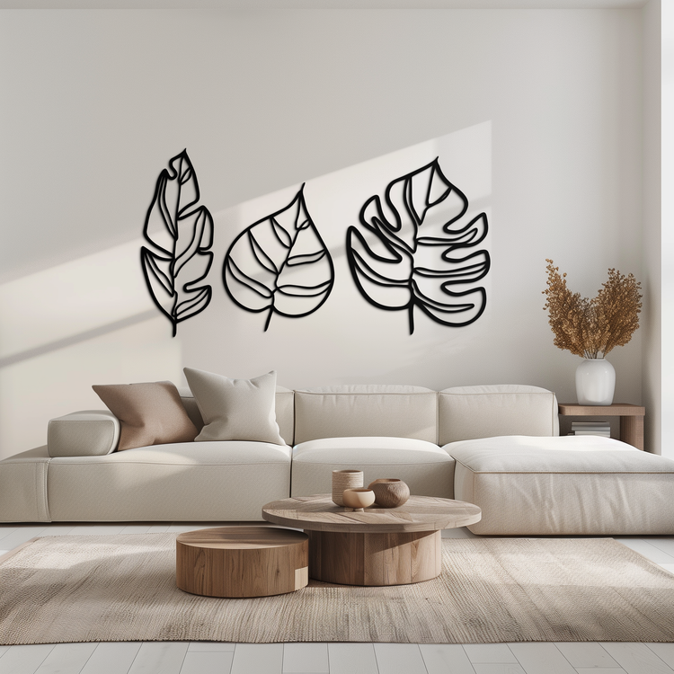 Modern geometric leaf trio metal wall art by Enova Art, featuring sleek botanical design for contemporary home decor.