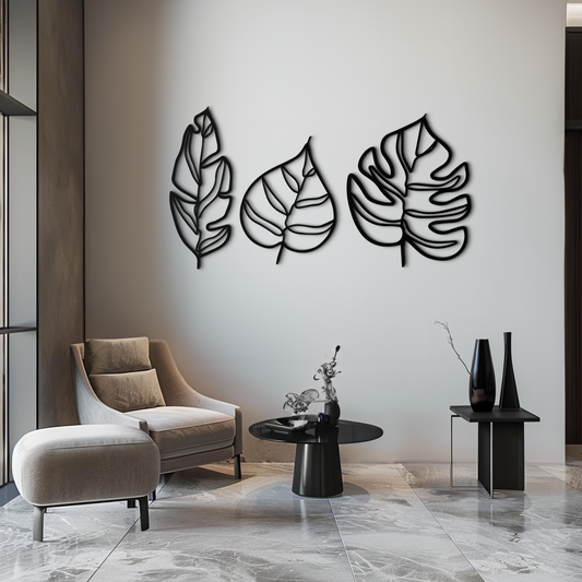 Modern metal wall art featuring a geometric leaf trio design by Enova Art, ideal for contemporary botanical wall decor.