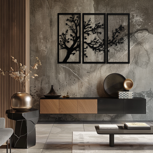 Modern metal wall art by Enova Art featuring a three-piece steel branch design for contemporary home decor.