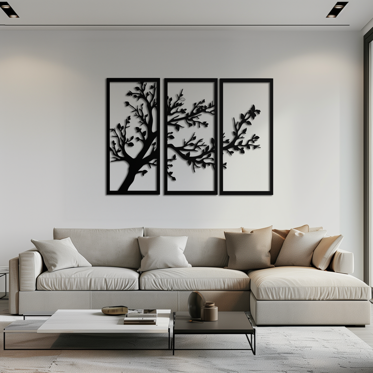 Modern steel wall art featuring three interconnected branches in a sleek, contemporary design by Enova Art.