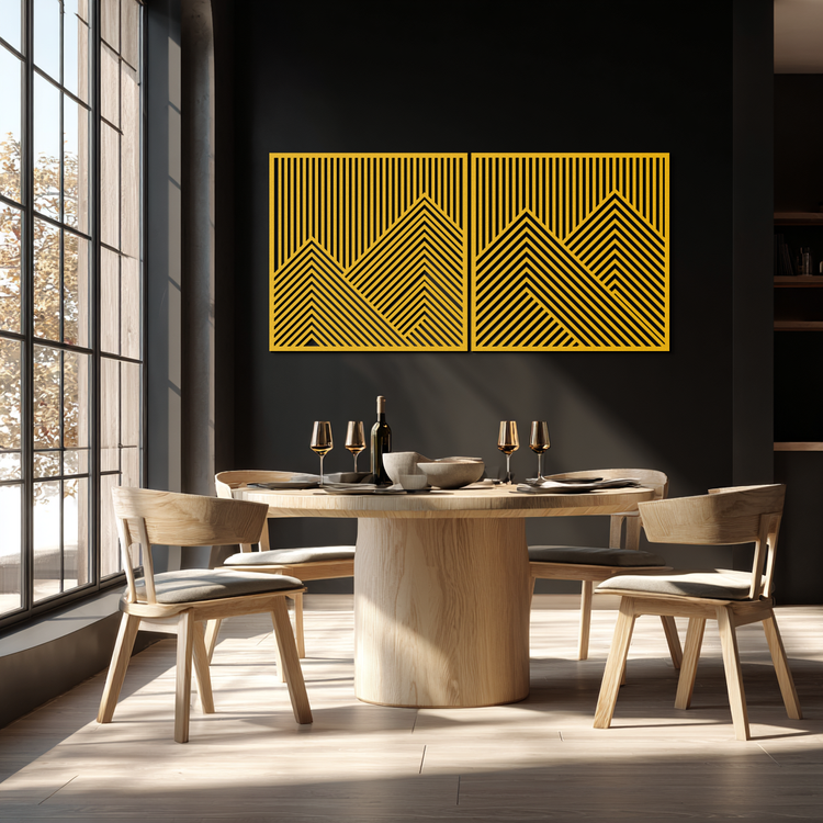 Modern mountain landscape metal wall art by Enova Art featuring geometric steel design for contemporary wall decor.