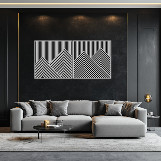 Modern mountain landscape metal wall art by Enova Art featuring geometric steel design for contemporary home decor.