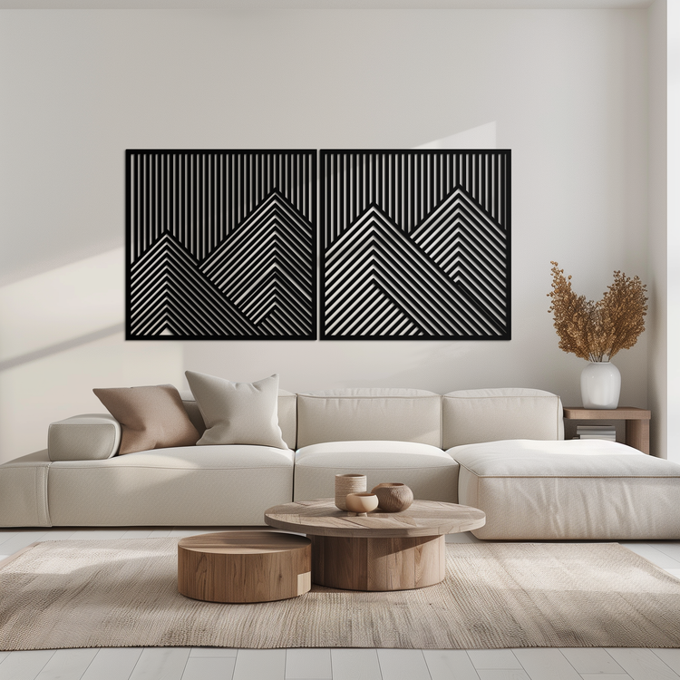 Modern mountain landscape metal wall art by Enova Art featuring geometric steel design for contemporary home decor.