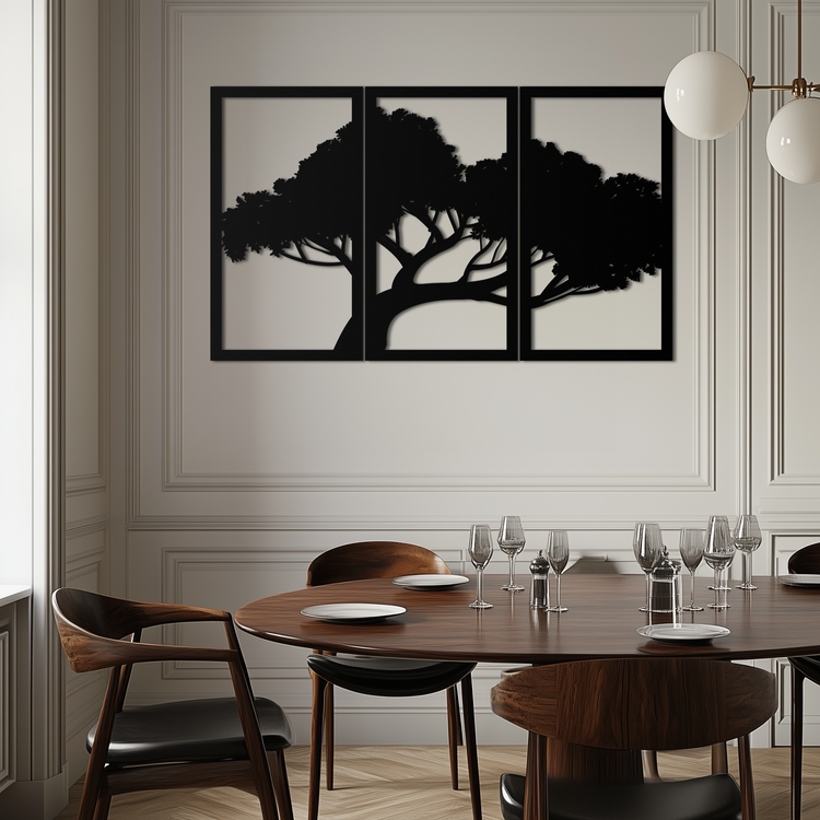 Modern metal wall art featuring a tree silhouette in a nature-inspired design by Enova Art for contemporary home decor.