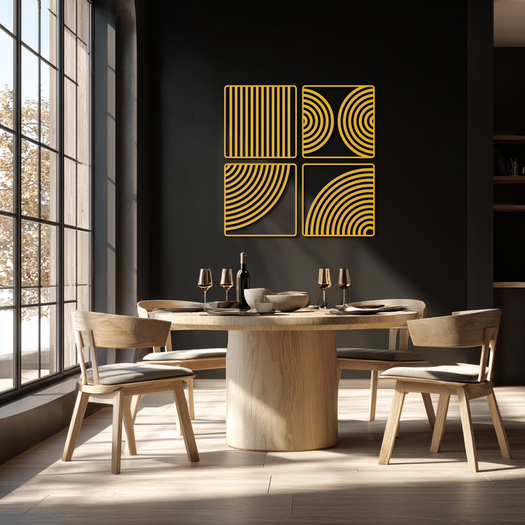 Modern geometric 4-panel metal wall art by Enova Art featuring minimalist steel design for contemporary home decor.