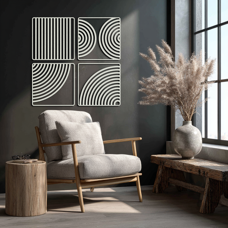 Modern geometric metal wall art by Enova Art featuring four minimalist steel panels for contemporary home decor.