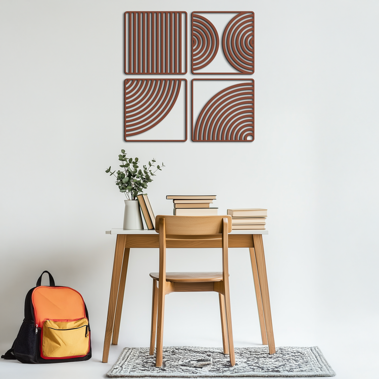Modern geometric 4-panel metal wall art by Enova Art featuring minimalist steel design for contemporary home decor.