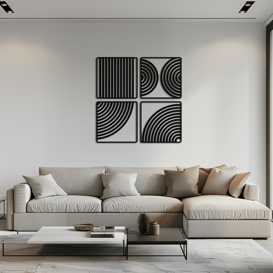 Modern geometric 4-panel metal wall art by Enova Art featuring minimalist steel design for contemporary decor.