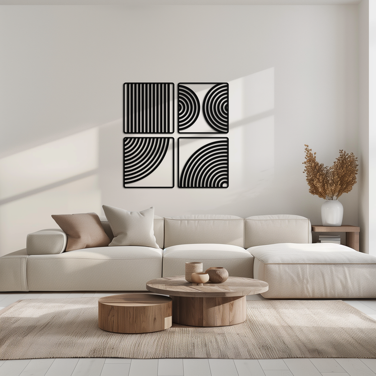 Modern geometric 4-panel metal wall art by Enova Art, featuring minimalist steel design for contemporary home decor.
