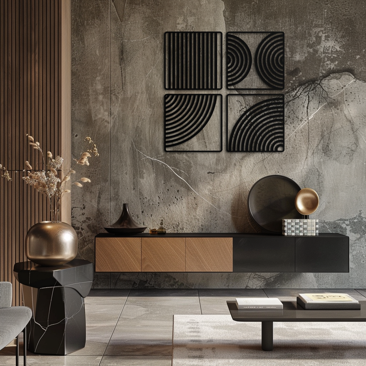 Modern geometric metal wall art by Enova Art, a minimalist four-panel steel decor piece with sleek, contemporary design.