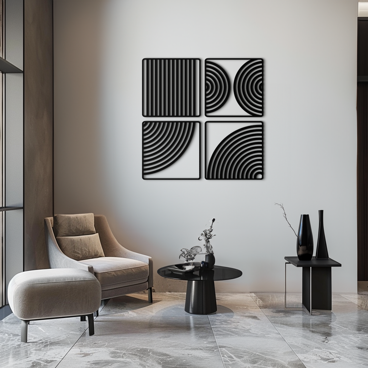 Modern geometric 4-panel metal wall art by Enova Art featuring minimalist steel design for contemporary home decor.