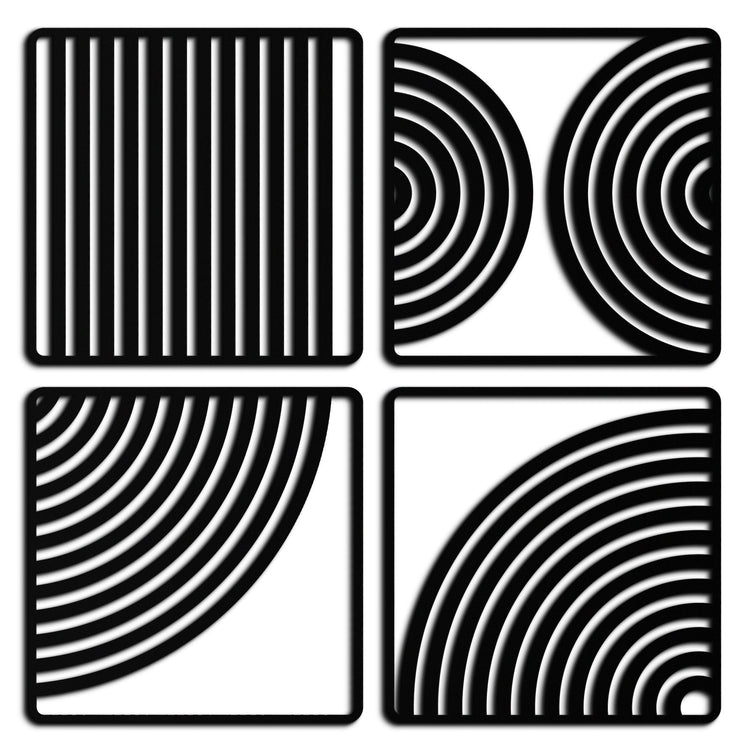 Modern geometric 4-panel metal wall art by Enova Art featuring minimalist steel design for contemporary home decor.