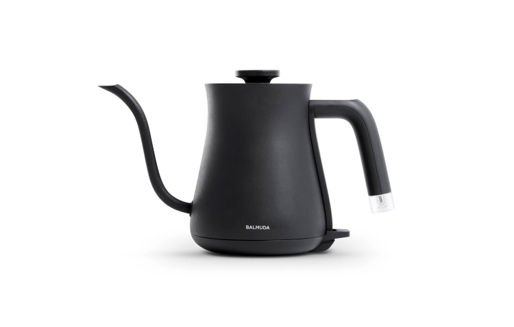 Black BALMUDA The Kettle electric kettle with sleek design, front view showing the spout, handle, and control panel.