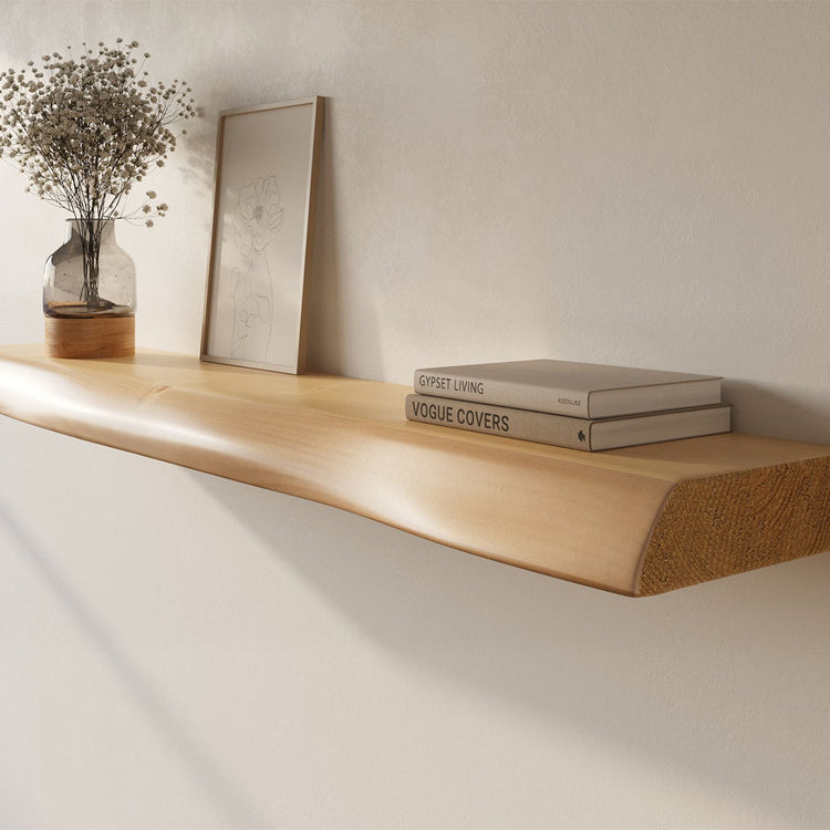 Solid wood live edge floating wall shelf by Dogberrycollections, showcasing natural wood grain and modern mantel design.