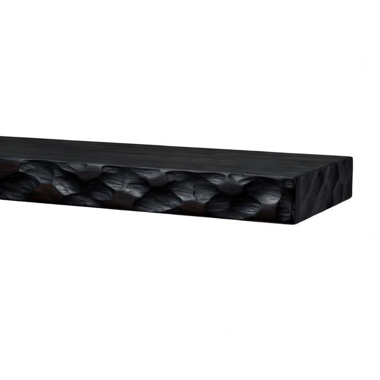 Hewn Kitchen floating shelf by Dogberrycollections in midnight black, hand-textured solid poplar, 24 to 72 inches long.