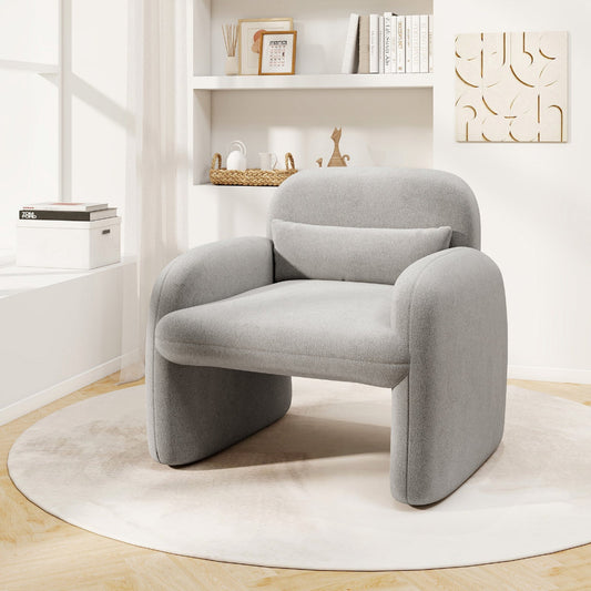 Gray Sherpa accent armchair with armrests and waist pillow, modern design, plush fabric, ideal for stylish living spaces.