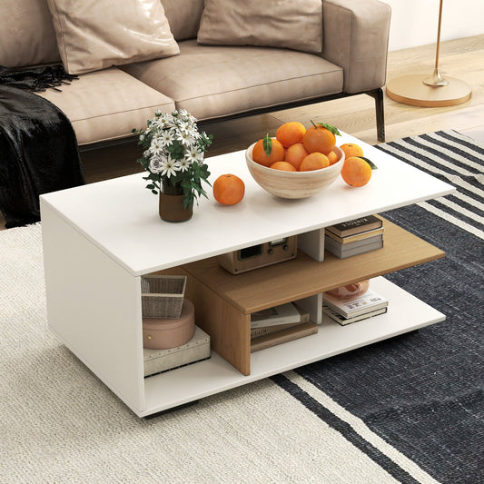 White rectangular coffee table with three-tier storage and L-shaped middle shelf, modern design from DirectDeals.