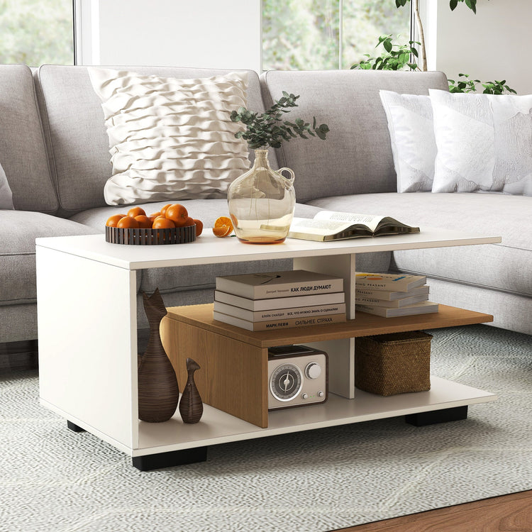 White rectangular coffee table with three-tier storage and L-shaped middle shelf, modern design by DirectDeals.