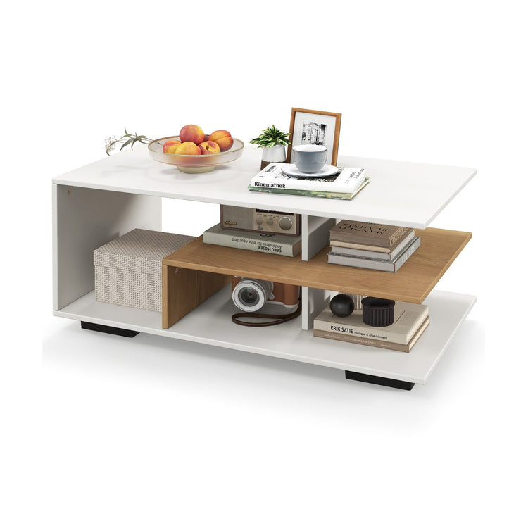 White rectangular coffee table with three-tier storage and L-shaped middle shelf, modern design by DirectDeals.