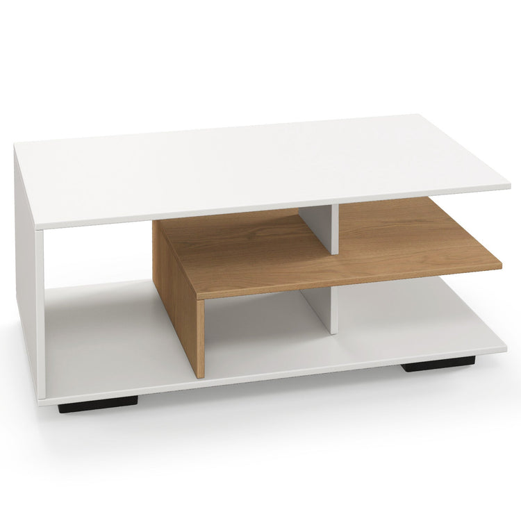 White rectangular coffee table with three-tier storage and L-shaped middle shelf, modern design by DirectDeals.