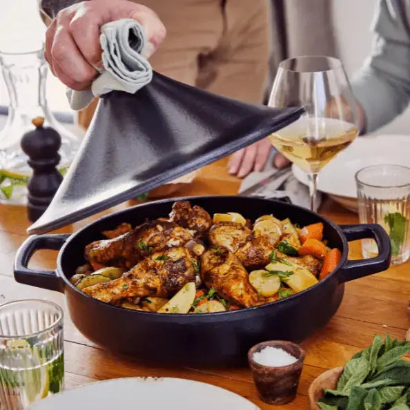 Alva Cookware Moroccan 3 QT ceramic tagine pot with conical lid for traditional slow cooking and flavorful Moroccan dishes.