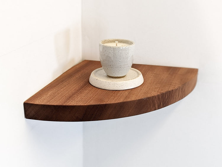 Handmade mahogany corner wall shelf by NookWoodworking, floating storage shelf for stylish home organization and display.