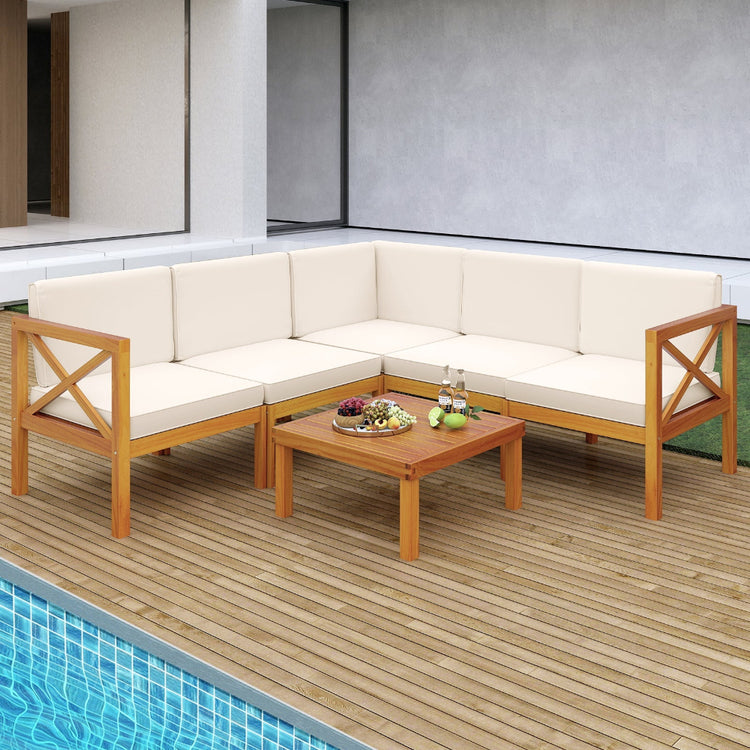 Six-piece outdoor lounge furniture set with acacia wood frames and off-white cushions, ideal for patio relaxation.