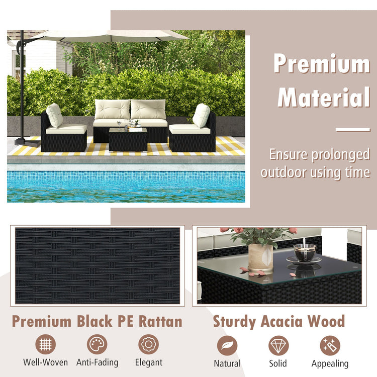 Black wicker 5-piece outdoor patio furniture set with cushioned chairs and glass-top table from DirectDeals.