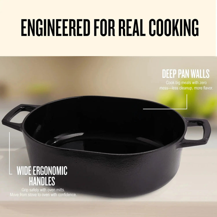 Oval Dutch oven by Alva Cookware, 6 quart size, durable enamel exterior, sturdy handles, ideal for slow cooking and roasting.
