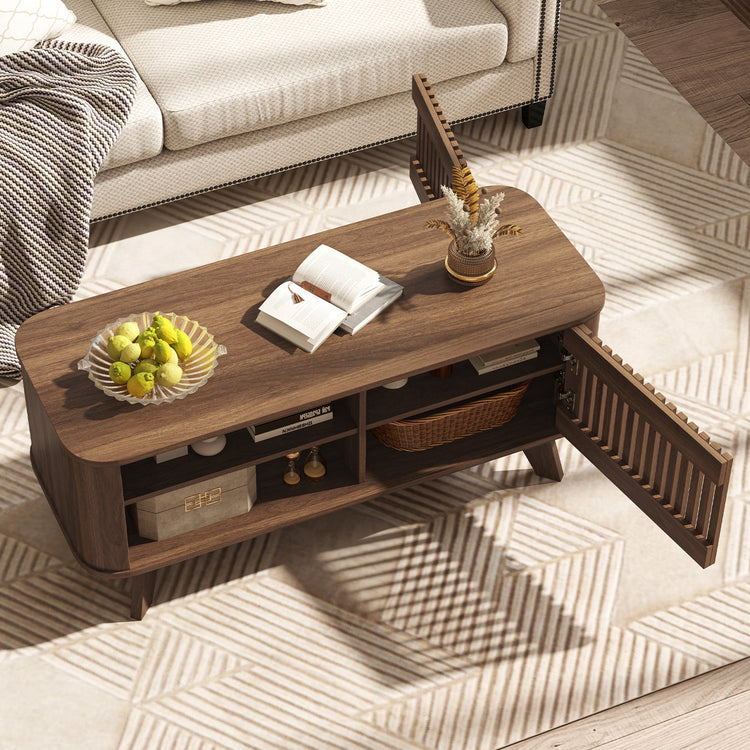 Walnut rectangular coffee table with storage and adjustable shelves, featuring a modern design and wood finish.