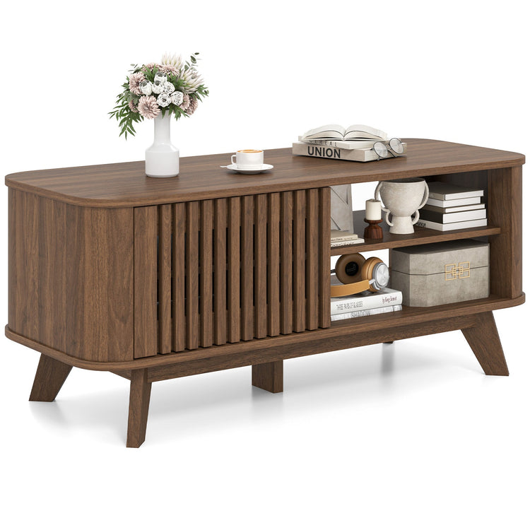 Walnut rectangular coffee table with storage and adjustable shelves, featuring a sleek modern design.