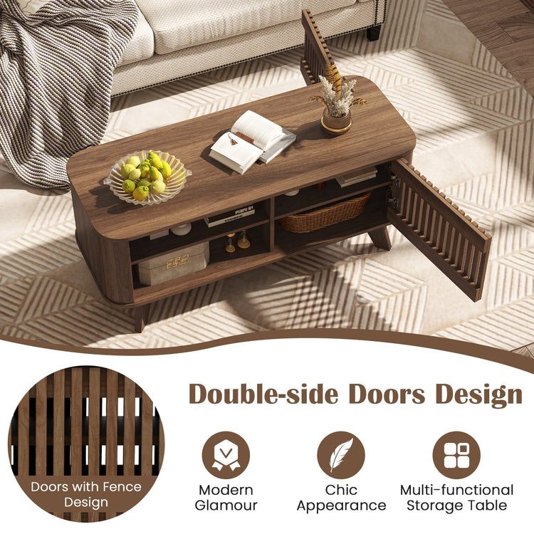Walnut rectangular coffee table with adjustable shelves and storage space, featuring a modern design and smooth finish.