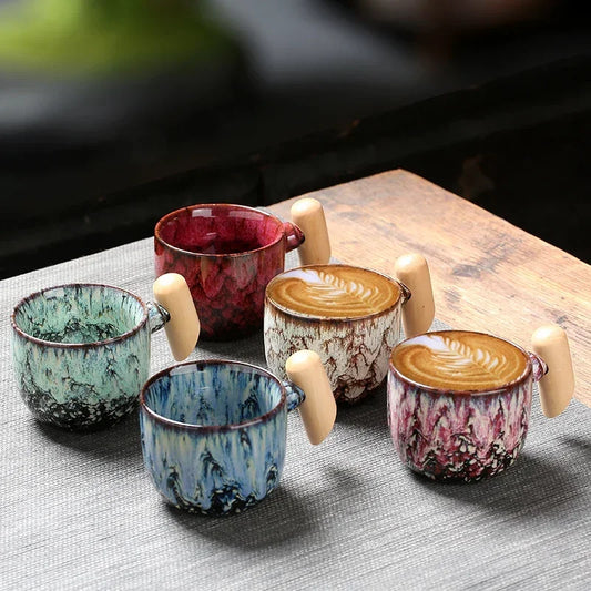 DecorBites ceramic latte mug with wooden handle, 130-150ml coffee cup, featuring a stylish design and comfortable grip.