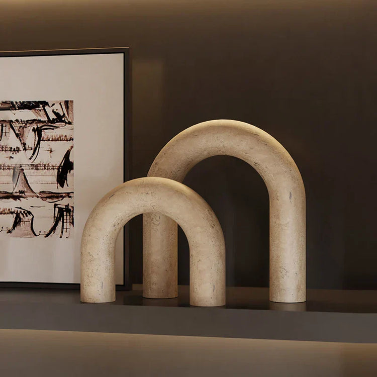 Decorbites archway shape travertine sculpture figurine for home decor, featuring a smooth, modern design with textured stone finish.