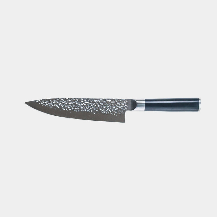 Swiss Diamond 8-inch hammered chef knife with a grey handle, showcasing a sleek, durable kitchen knife design.