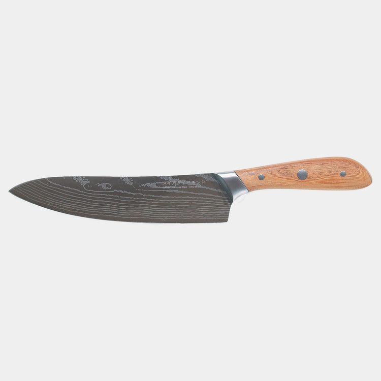 8-inch Damascus chef knife by Swiss Diamond with a sleek grey handle and stainless steel blade for precise kitchen cutting.