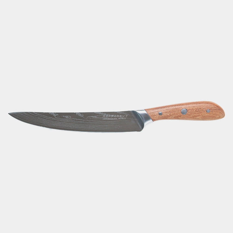 8-inch Damascus carving knife by Swiss Diamond with a grey handle and stainless steel blade for precise slicing and carving.