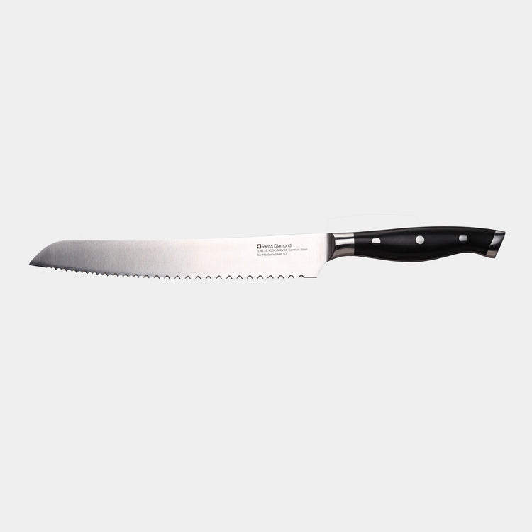 Swiss Diamond 8.5-inch bread knife with serrated blade for slicing bread and baked goods, featuring a comfortable handle.