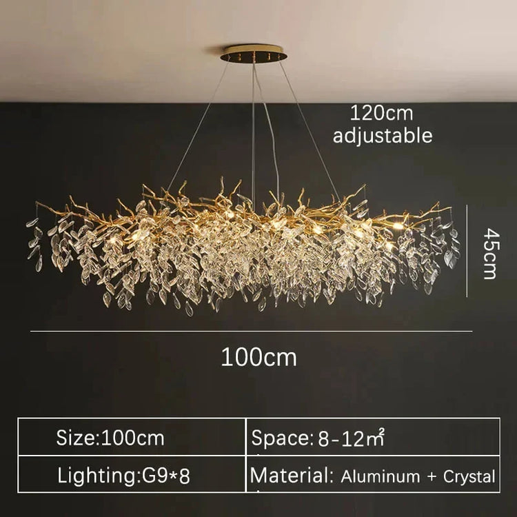 Gold crystal LED chandelier by DECORBITES featuring sparkling crystal details and modern lighting design.