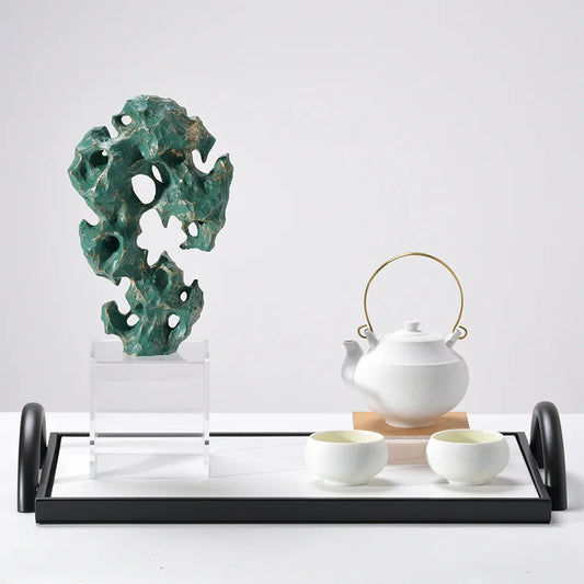 Green Taihu stone coral resin sculpture by Decorbites, abstract modern home decor figurine with textured, artistic design.