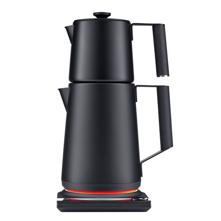 Black SAKI Turkish Tea Maker Pro for preparing traditional Turkish tea with a sleek design and easy-to-use tea brewing features.