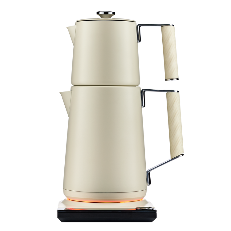 Ivory pearl SAKI Turkish tea maker pro with glass brewing pot and metal infuser for authentic Turkish tea preparation.