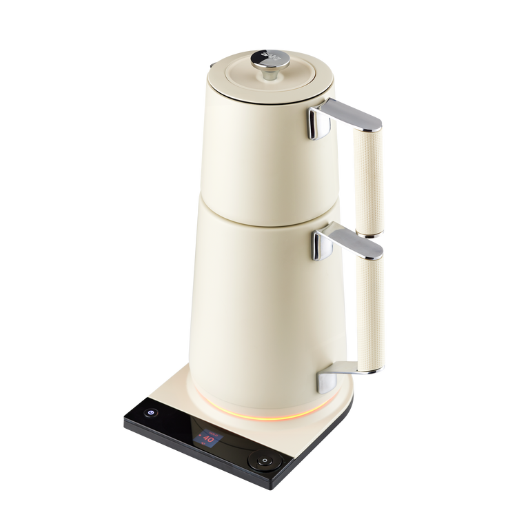Saki Turkish Tea Maker Pro in ivory pearl, featuring a traditional tea brewing pot and accessories for authentic Turkish tea preparation.
