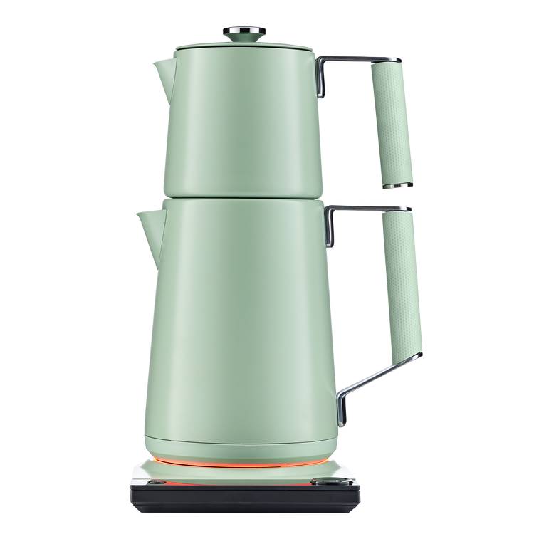 Saki Turkish tea maker Pro in sage green with glass teapot and stainless steel infuser for traditional tea brewing.